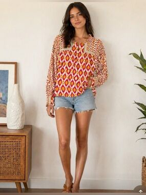 NWT JODIFL Boho Printed Blouse Floral Top Lightweight Size Large Boutique Resort
